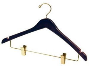 17" Wooden Coat Hanger - Walnut Brown With Brass Clips