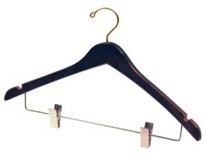 17" Wooden Coat Hanger - Walnut Brown with Brass Hook, Chrome Clips