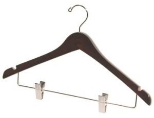 17" Wooden Coat Hanger - Walnut Brown with Chrome Clips