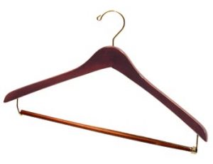 17" Wooden Suit Hanger - Walnut Brown, Brass, Locking Pants Bar
